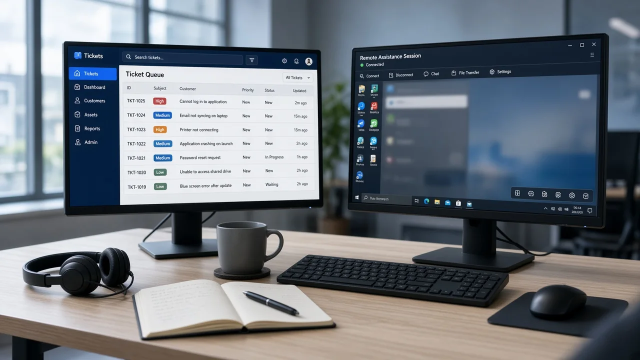 IT help desk ticket queue and remote assistance workspace